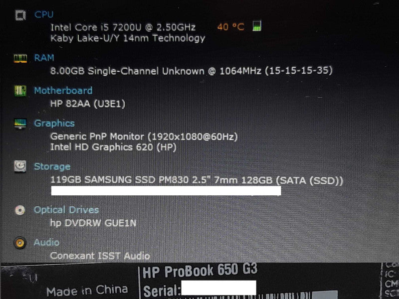 HP ProBook 650 G3 i5-7200U @ 2.50GHz 8GB RAM 128GB SSD +