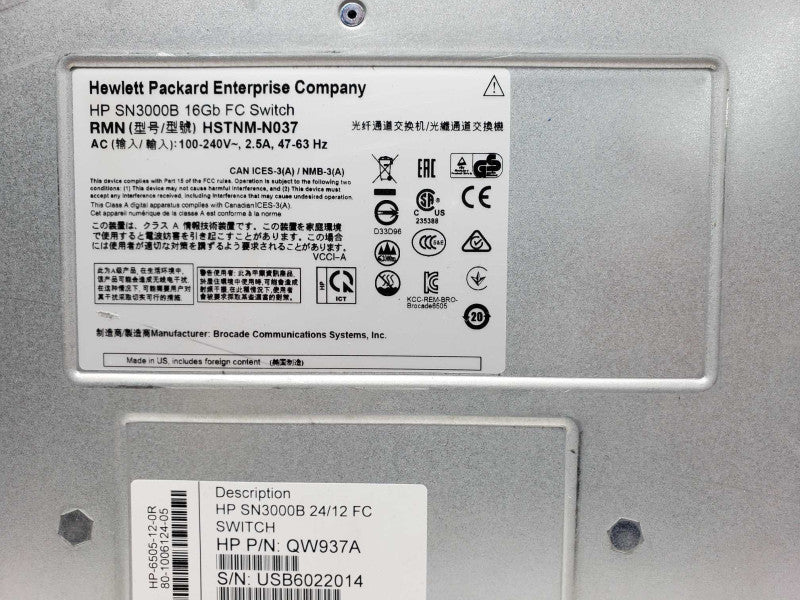 HP SN3000B 16Gb FC Switch 24/12 QW937A 24- Port (12-Port Active), 2x PSU _