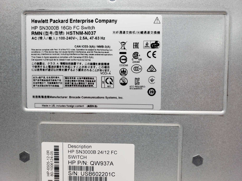 HP SN3000B 16Gb FC Switch 24/12 QW937A 24- Port (12-Port Active), 2x PSU _