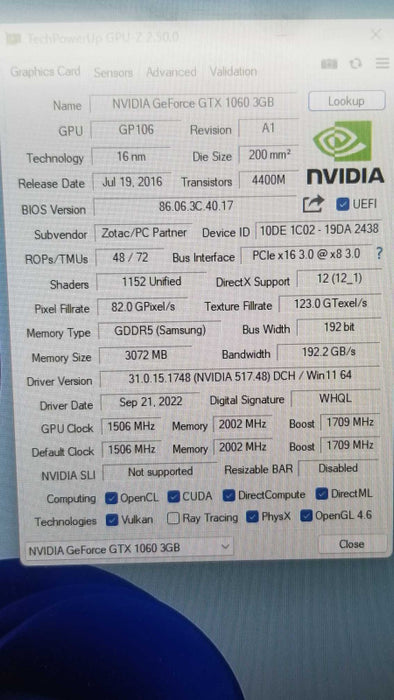 ZOTAC NVIDIA GeForce GTX 1060 3GB GDDR5 Graphics Card, 100% Tested. ~