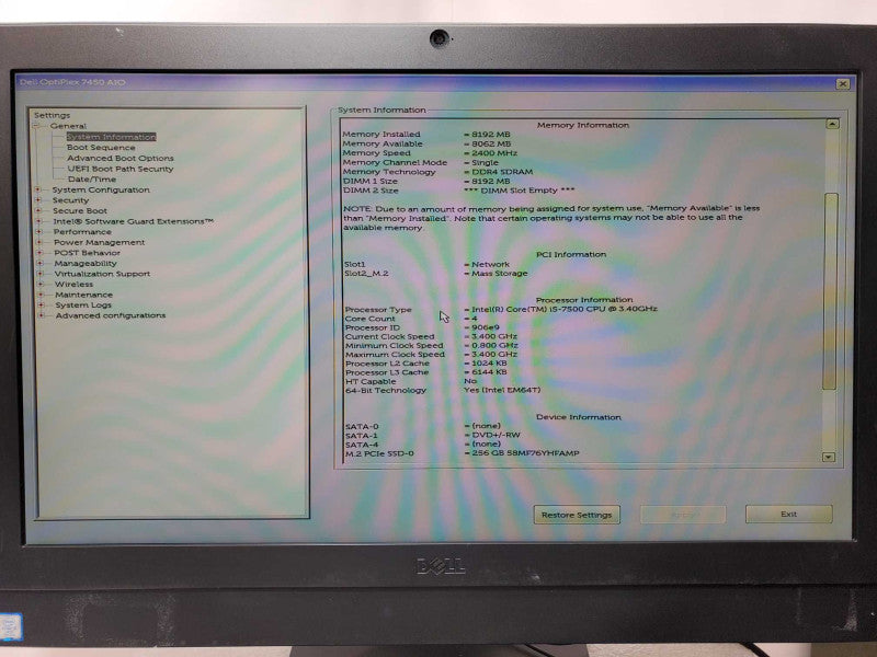 Dell Optiplex AIO, Core I5-7500 3.4GHz, 8GB RAM, 256GB SSD, Wi-Fi, webcam _