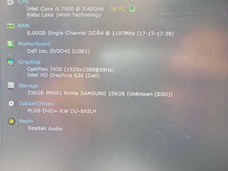 Dell Optiplex AIO, Core I5-7500 3.4GHz, 8GB RAM, 256GB SSD, Wi-Fi, webcam Read _