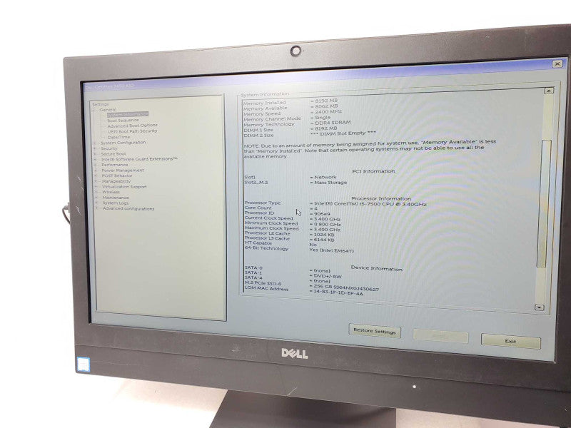 Dell Optiplex AIO, Core I5-7500 3.4GHz, 8GB RAM, 256GB SSD, Wi-Fi, webcam Read _