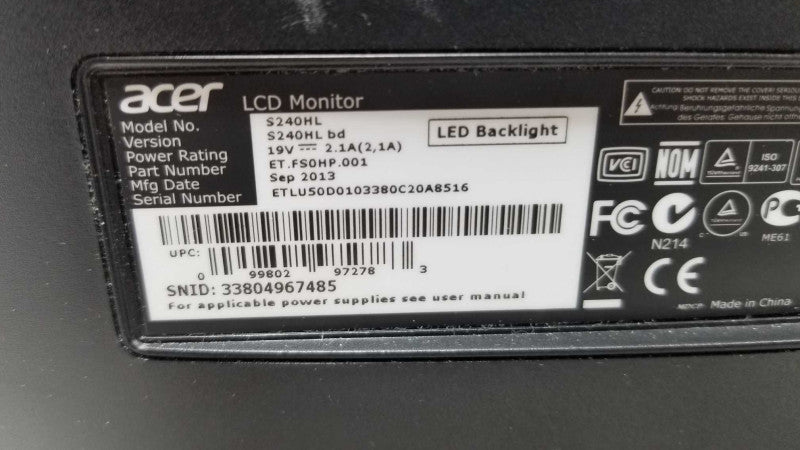 ACER S240HL 24\\" Widescreen LED 1080p Gaming Ultra Slim Full HD Monitor ~