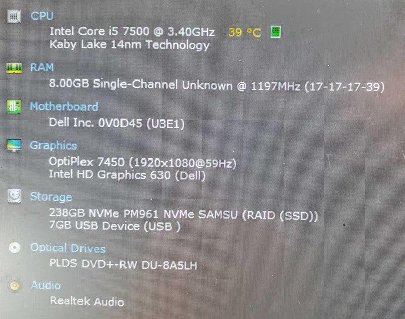 Dell Optiplex 7450 AIO Core i5-7500 @ 3.4 GHz 8GB Ram 250GB SSD (