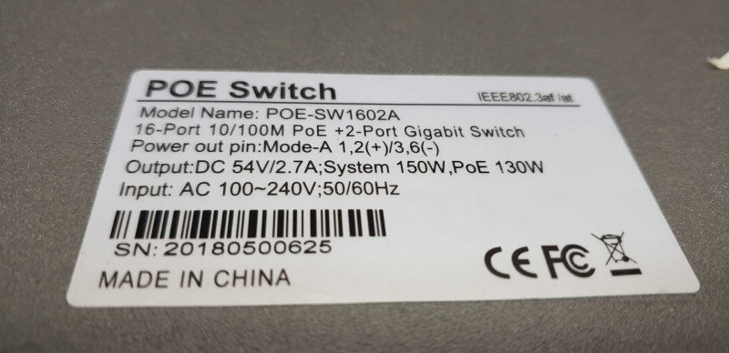 BV-Tech 16 Port PoE Switch + 2 Gigabit Ethernet Uplink / POE-SW1602A #