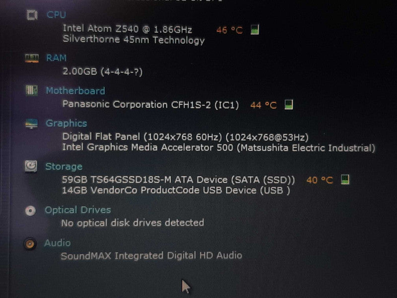 Panasonic Toughbook CF-H1 Tablet Atom 2540 1.86GHz CPU 2GB RAM  +