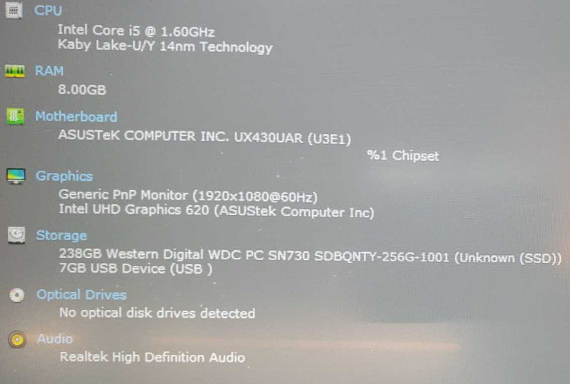 Asus Zenbook UX430U Core i5-8250U @ 1.6 GHz 8GB DDR4 250GB SSD (