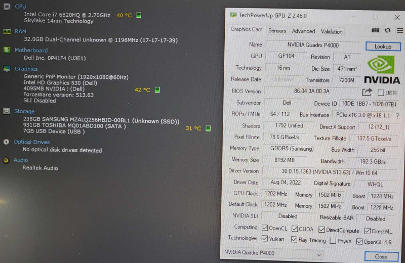 Dell Precision 7720 Core i7-6820HQ @ 2.7 GHz 32GB Ram 250GB SSD + 1TB HDD Quadro P4000 8GB (