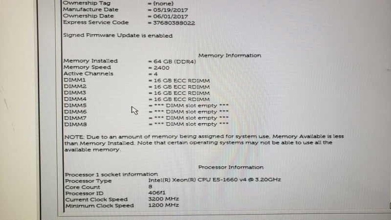Dell Precision 5810 Xeon E5-1660v4@3.2GHz 64GB ECC DDR4 Nvidia M4000 No HDD [