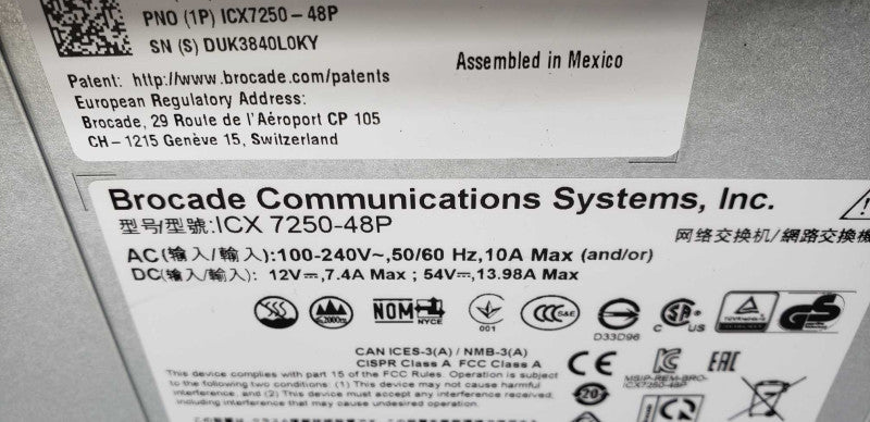 Brocade ICX 7250-48P 48-Port gigabit Mbps RJ-45 PoE+ Switch/ 8x 1 GbE Uplink #