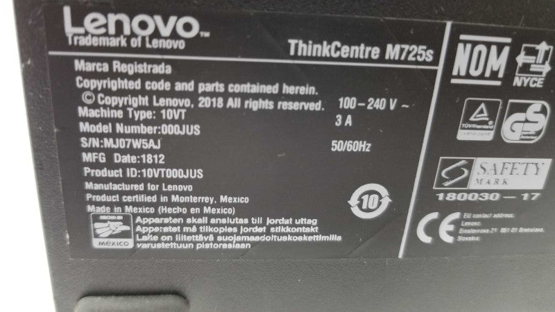 Lenovo ThinkCentre M725s Ryzen Pro 2400G 3.6GHz QC/8GB DDR4, NO HDDs, QTY ~