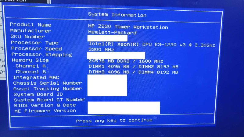 HP Z230 Tower Workstation Xeon E3-1230v3@3.3GHz 24GB DDR3 Nvidia K600 No HDD [