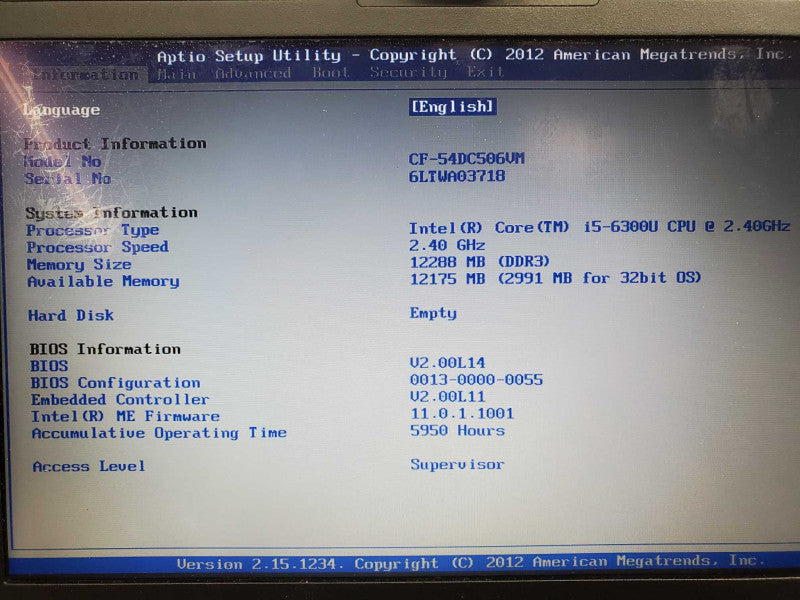 Panasonic Toughbook CF-54 i5-6300U 2.4GHz 12GB DDR3 No HDD |