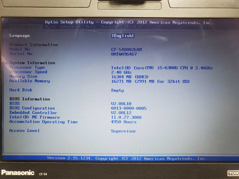Panasonic Toughbook CF-54 i5-6300U 2.4GHz 16GB DDR3 No HDD |