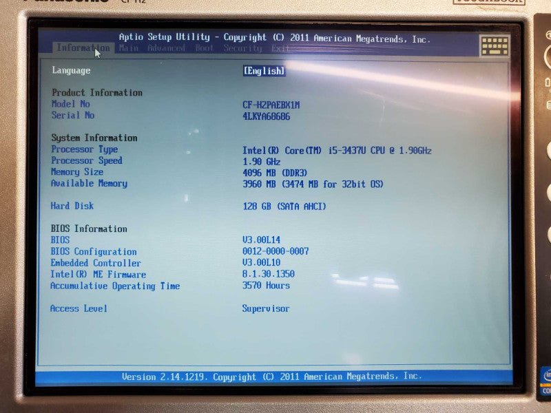 Panasonic CF-H2 10.5\\" Core i5-3437U @ 1.9GHz 4GB Ram 120GB SSD 3570Hrs *READ* (