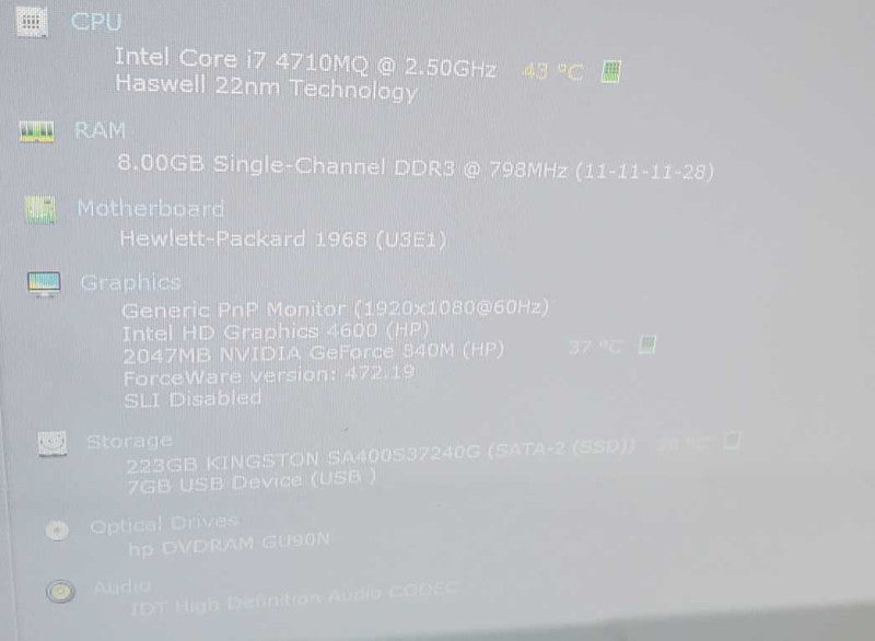 HP Envy 17\\" Core i7-4710MQ @ 2.5 GHz 8GB Ram 250GB SSD Nvidia 840M 2GB (