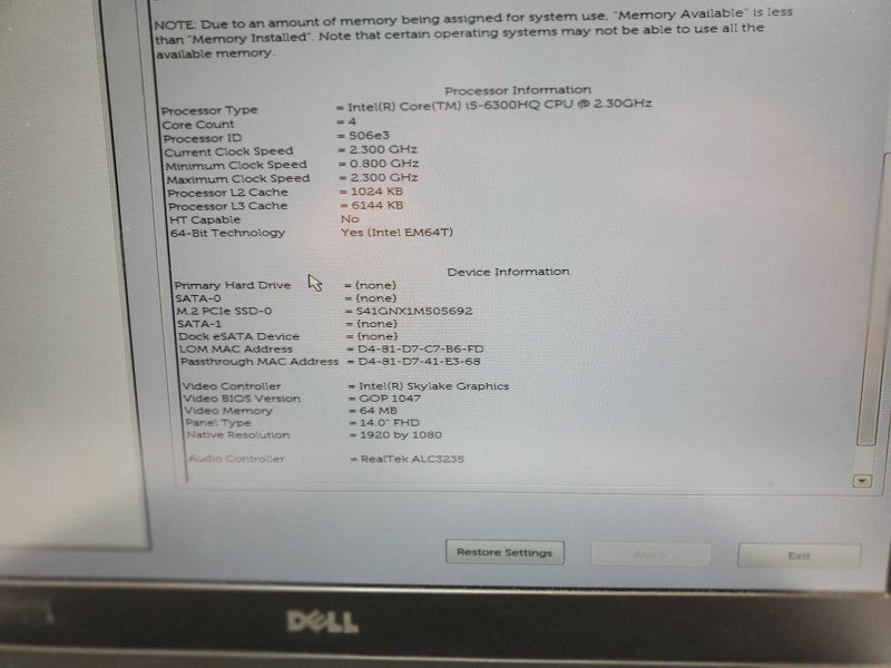Dell Latitude E5470 Core i5-6300HQ 2.3 GHz 8GB Ram 250GB SSD, 14\\" Read _