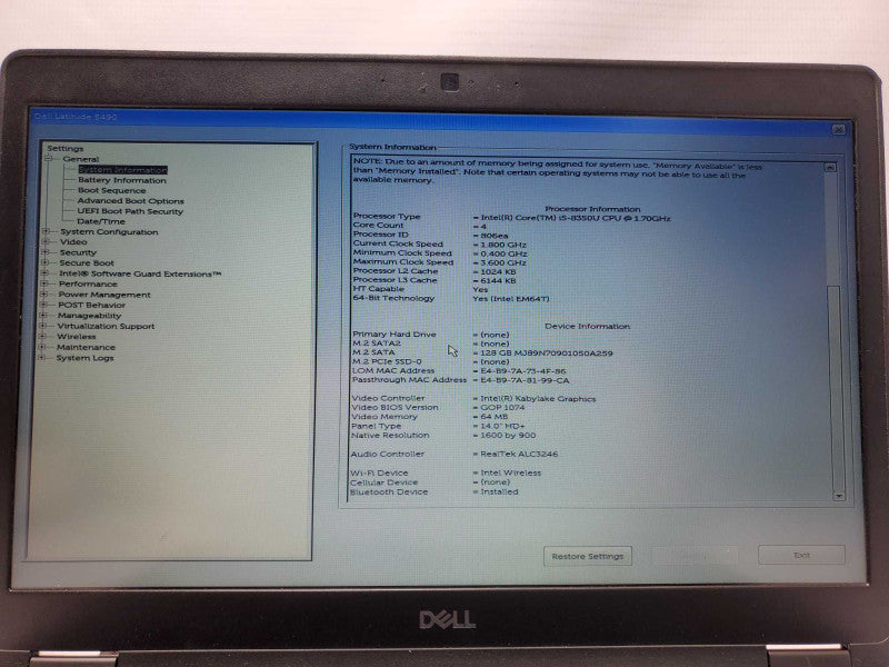 Dell Latitude E5490 Core i5-8350U 1.7 GHz 8GB Ram 128GB SSD, 14\\" _