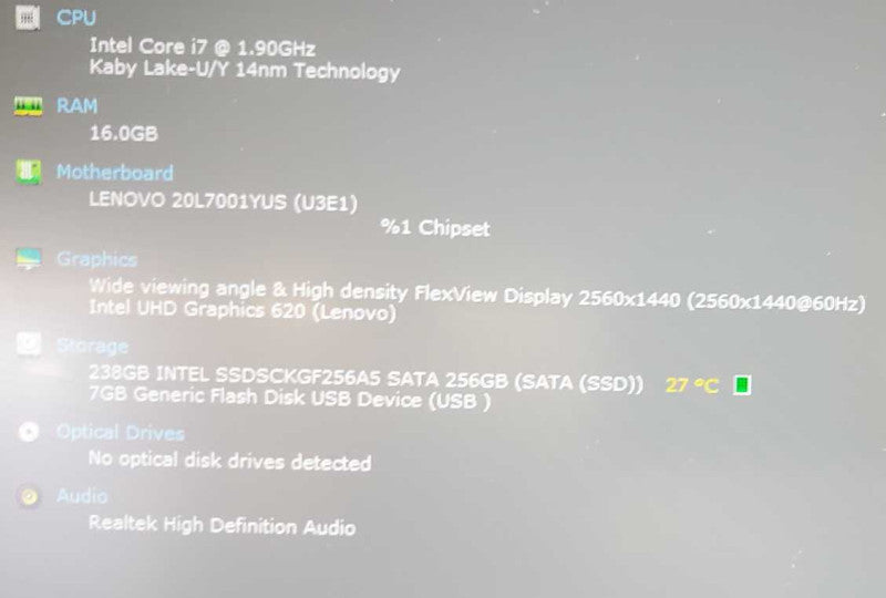 Lenovo ThinkPad T480s Core i7-8650U @ 1.9 GHz 16GB DDR4 250GB SSD (