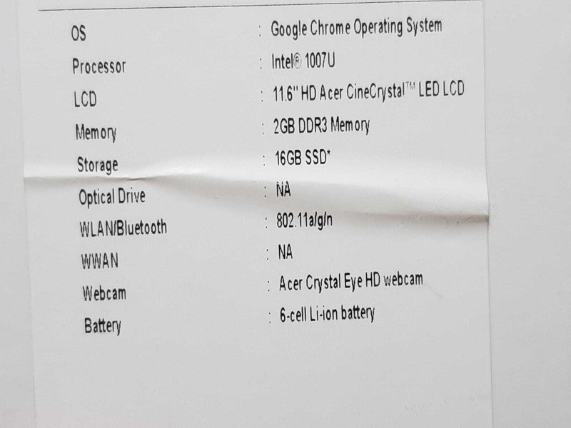 Acer C7 Chromebook Q1VZC Celeron 1007U 2GB RAM 16GB Flash +