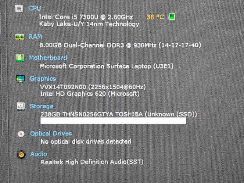 Surface Laptop 1769 i5-7300U @ 2.60GHz 8GB RAM 256GB Storage +