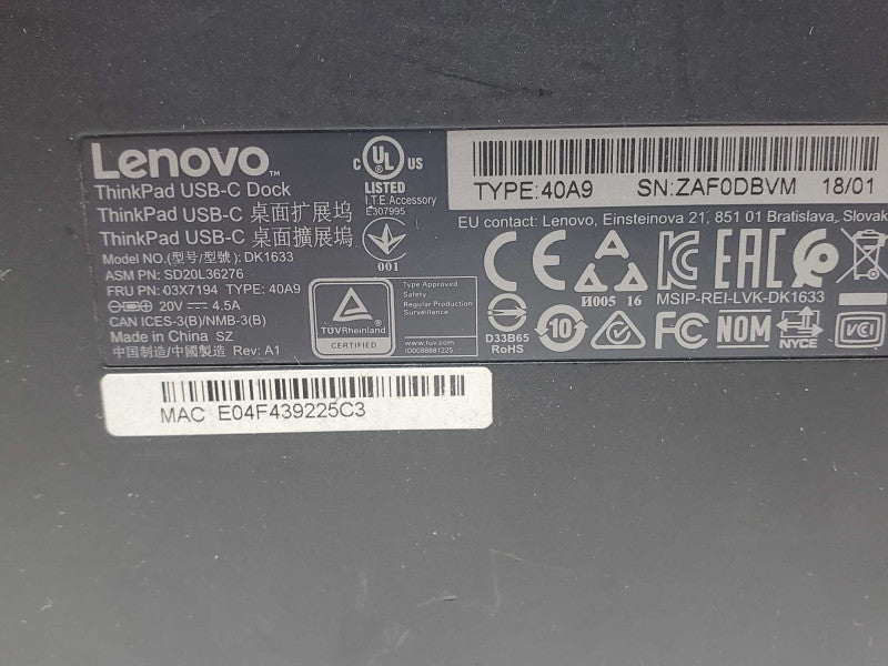 Lenovo Thinkpad USB-C Docking Station 40A9 DK1633, No Power Adapter _