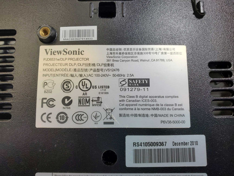ViewSonic PJD6531w DLP Projector 40hs used  For Parts Or repair )