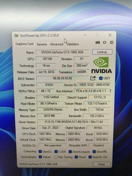 EVGA GeForce GTX 1060 3GB VRAM GDDR5 Graphics Card