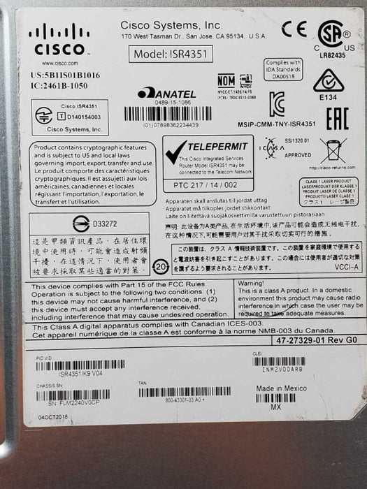 Cisco 4300 Series ISR4351/K9 V04 Integrated Services Router, Factory reset _