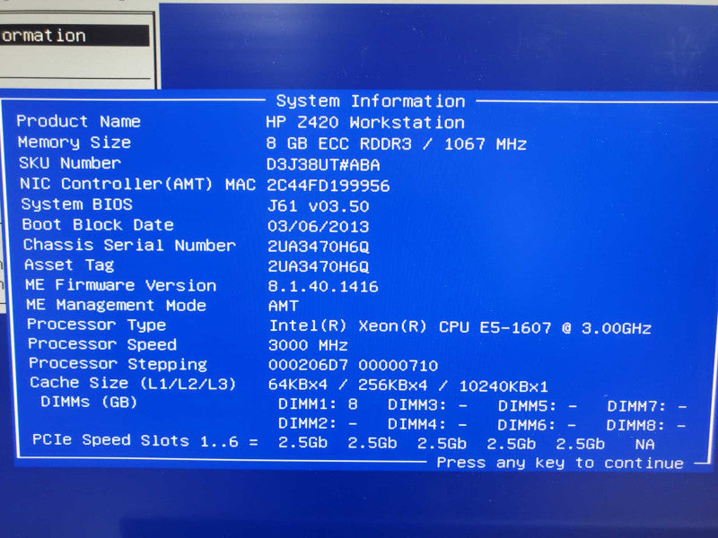 HP Z420 Workstation E5-1607 3.0GHz 8GB DDR3 No HDD |