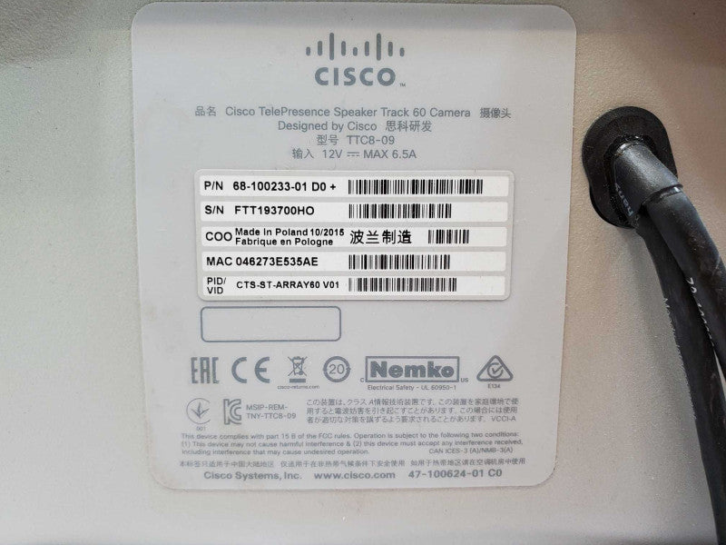 Cisco TTC8-09 TelePresence SpeakerTrack 60 With Cameras (