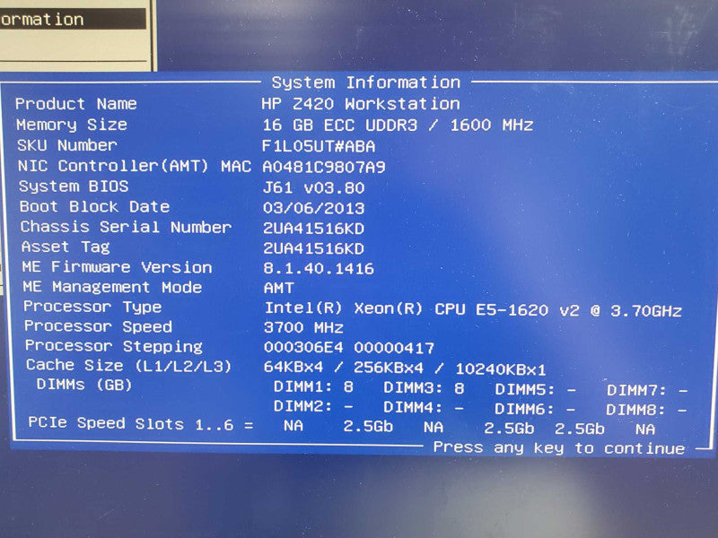 HP Z420 Workstation E5-160 v2 3.7GHz 16GB DDR3 No HDD No GPU |