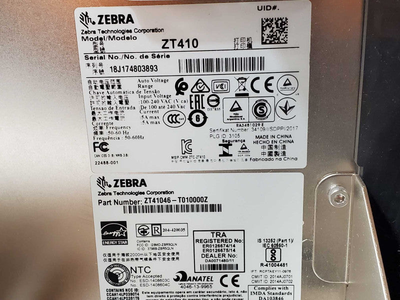 Zebra ZT410 Thermal Label Printer 600 DPI ZT41046-T010000Z, Read, AS-IS _