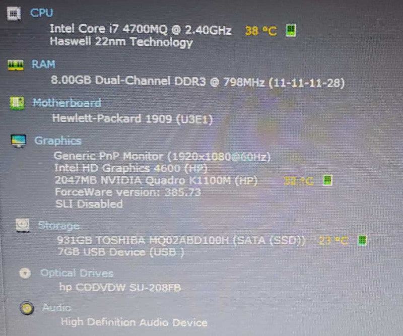 HP ZBook 15 Core i7-4700MQ @ 2.4 GHz 8GB Ram 1TB HDD Quadro K1100M 2GB (