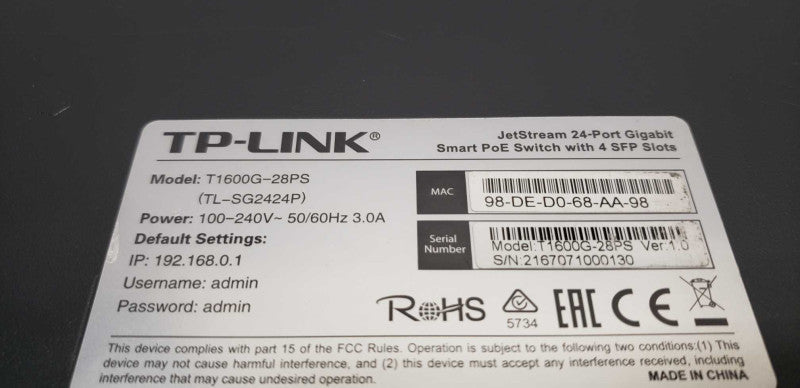 TP-Link T1600G-28PS Jetstream smart PoE Smart switch / reset to default #