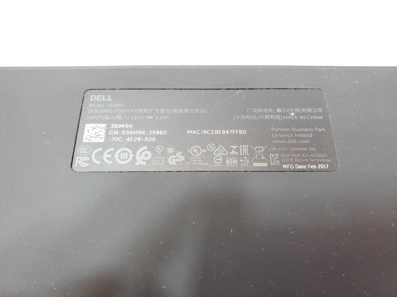 Dell D3100 Ultra HD 4K Triple Video Docking Station USB3.0 _