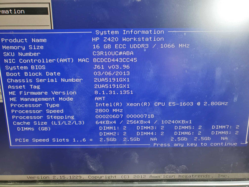 HP Z420 Workstation Xeon E5-1603 @2.8GHz 16GB DDR3 Nvidia P383 No HDD )