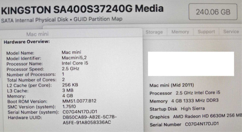 Mac mini - M.2011 A1347, i5-2520M 2.5GHz/4GB, Radeon HD 6630M, 240GB SSD ~