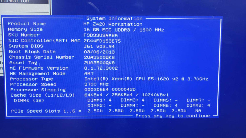 HP Z420 Xeon E5-160V2@3.7GHz 16GB ECC DDR3 Quadro K2000 No HDD [