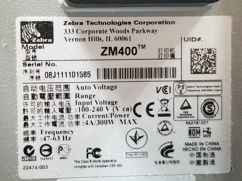 Zebra ZM400 ZM400-2001-0100T Thermal Direct Label Barcode Tag Printer Network, ~