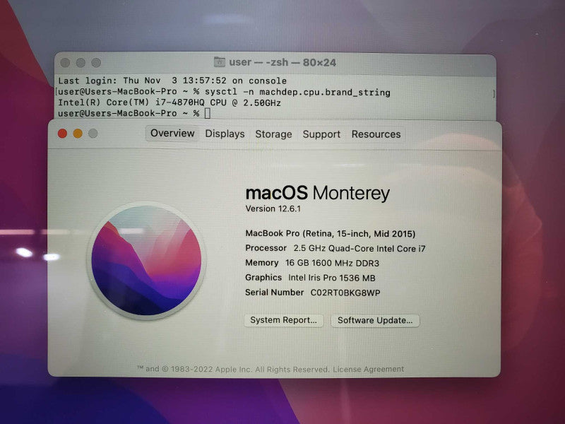 Macbook Pro 2015 15\\" Retina Core i7-4870HQ @ 2.5 GHz 16GB Ram 250GB SSD (