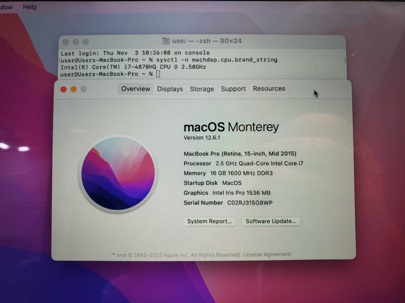 Macbook Pro 2015 15\\" Retina Core i7-4870HQ @ 2.5 GHz 16GB Ram 250GB SSD *READ* (