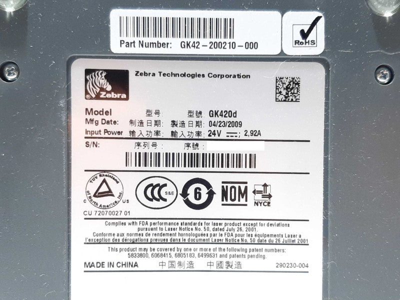 ZEBRA GK420d Thermal Label Printer P/N GK42-200210-000 +