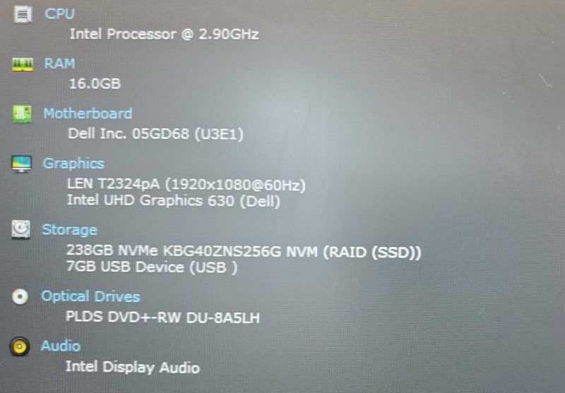 Dell Inspiron 3880 Desktop Core i5-10400 @ 2.9 GHz 256GB SSD 16GB DDR4 (