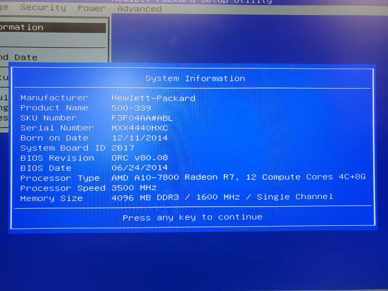 HP Pavilion 500 PC Series AMD A10-7800 @ 3.5 GHz 4GB Ram No HDD (