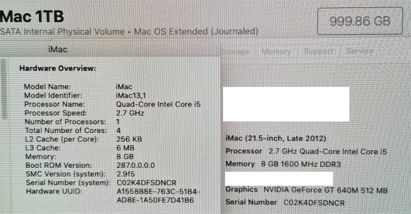 iMac 21.5\\" - L.2012 A1418, i5-3330S 2.7GHz/8GB, nVidia GT 640M, 1TB HDD. ~