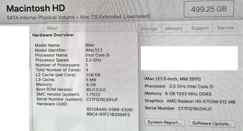 iMac 21.5\\" - Mid 2011 A1311, i5-2400S 2.5GHz QC/8GB, Radeon HD 6750, 500GB ~
