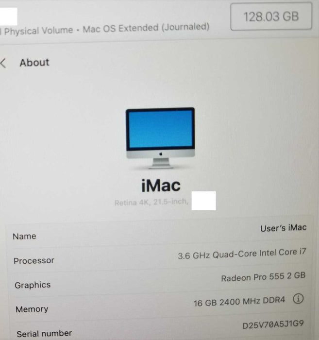 iMac 21.5\\" - L.2015 A1418, i7 3.6GHz QC/16GB DDR4, Radeon Pro 555, 120GB SSD. ~