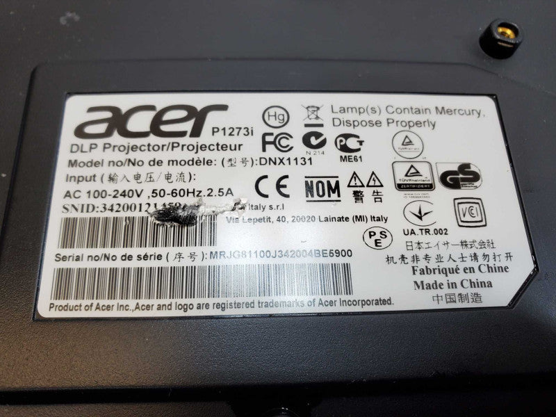Acer P1273i DLP 3D Ready Projector DNX1311 HDMI Unknown Lamp Hours (